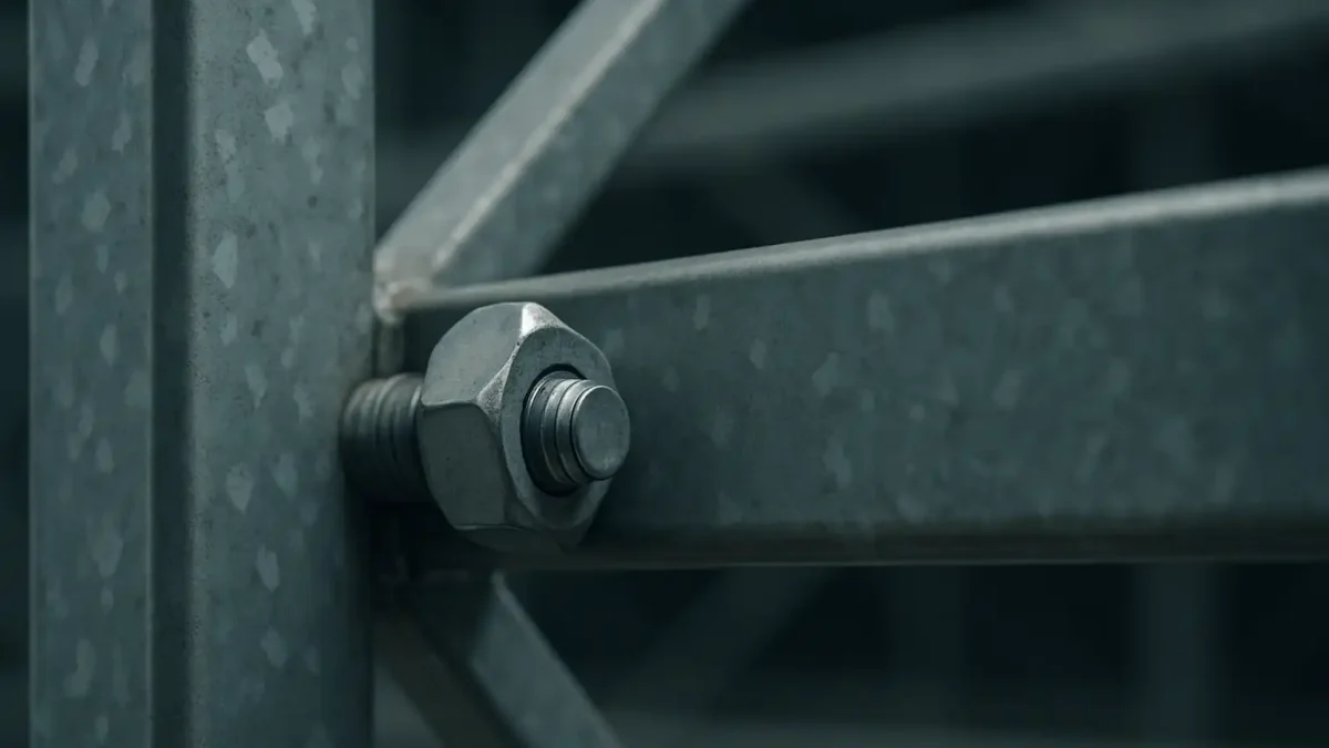 Parafuso metálico em estrutura de aço, evidenciando fixação e possíveis riscos de afrouxamento.