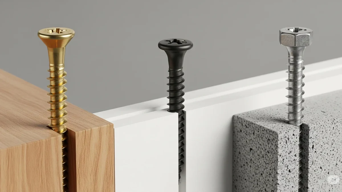 Três tipos de parafusos para comparação: um parafuso para madeira fixado em um bloco de madeira, um de drywall em uma placa de gesso, e um de concreto em um bloco de cimento.