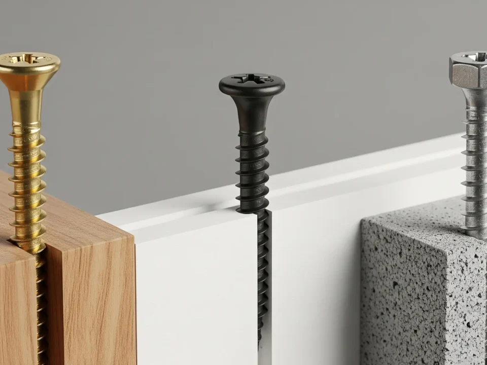 Três tipos de parafusos para comparação: um parafuso para madeira fixado em um bloco de madeira, um de drywall em uma placa de gesso, e um de concreto em um bloco de cimento.