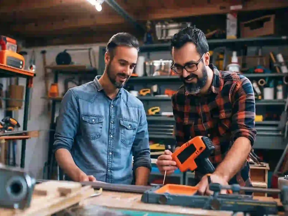 Dois homens em uma oficina de marcenaria sorrindo enquanto trabalham juntos em um projeto com ferramentas elétricas, rodeados por prateleiras cheias de equipamentos.