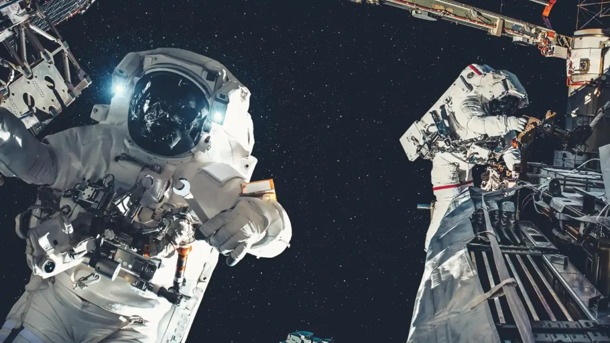 Dois astronautas realizando uma atividade extraveicular no espaço, com o fundo estrelado e parte da estação espacial visível