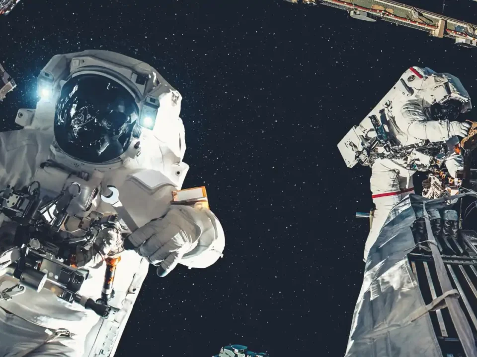 Dois astronautas realizando uma atividade extraveicular no espaço, com o fundo estrelado e parte da estação espacial visível