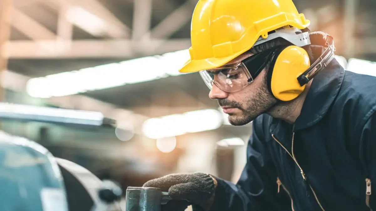 Trabalhador usando EPIs obrigatórios com ferramentas elétricas - capacete, óculos de proteção e protetor auricular