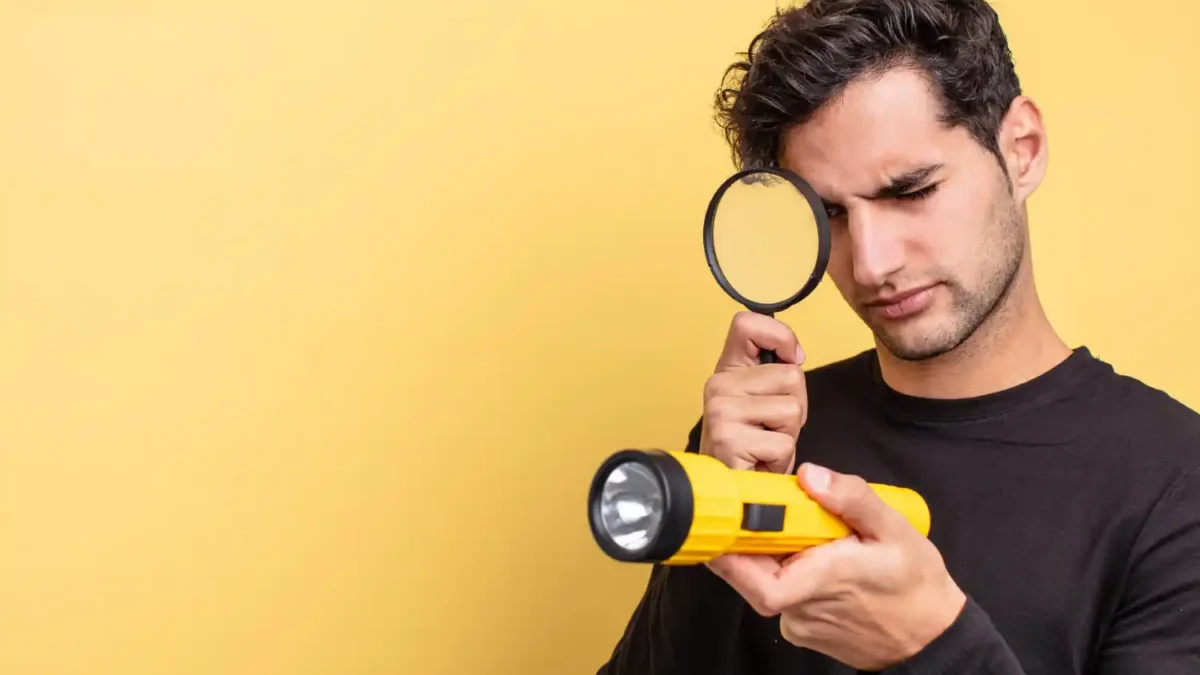 Homem examinando uma lanterna amarela com uma lupa sobre fundo amarelo.