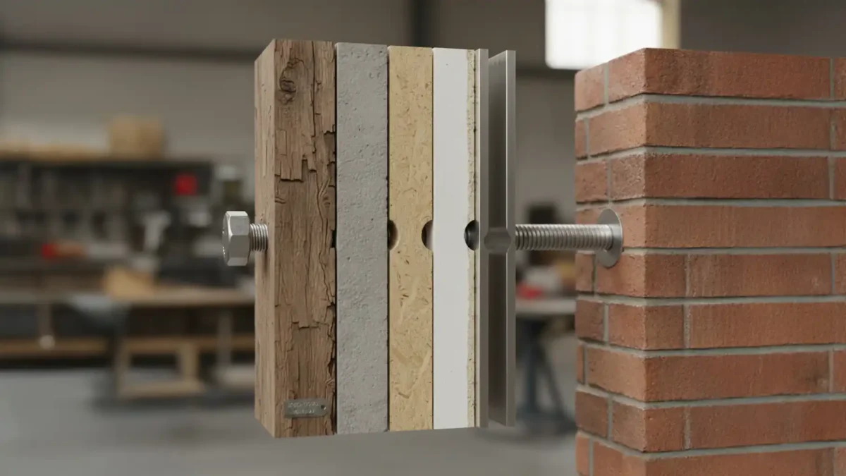 Ilustração de fixação correta em diferentes materiais, como madeira, MDF, metal e alvenaria, mostrando o uso do fixador adequado para cada superfície.